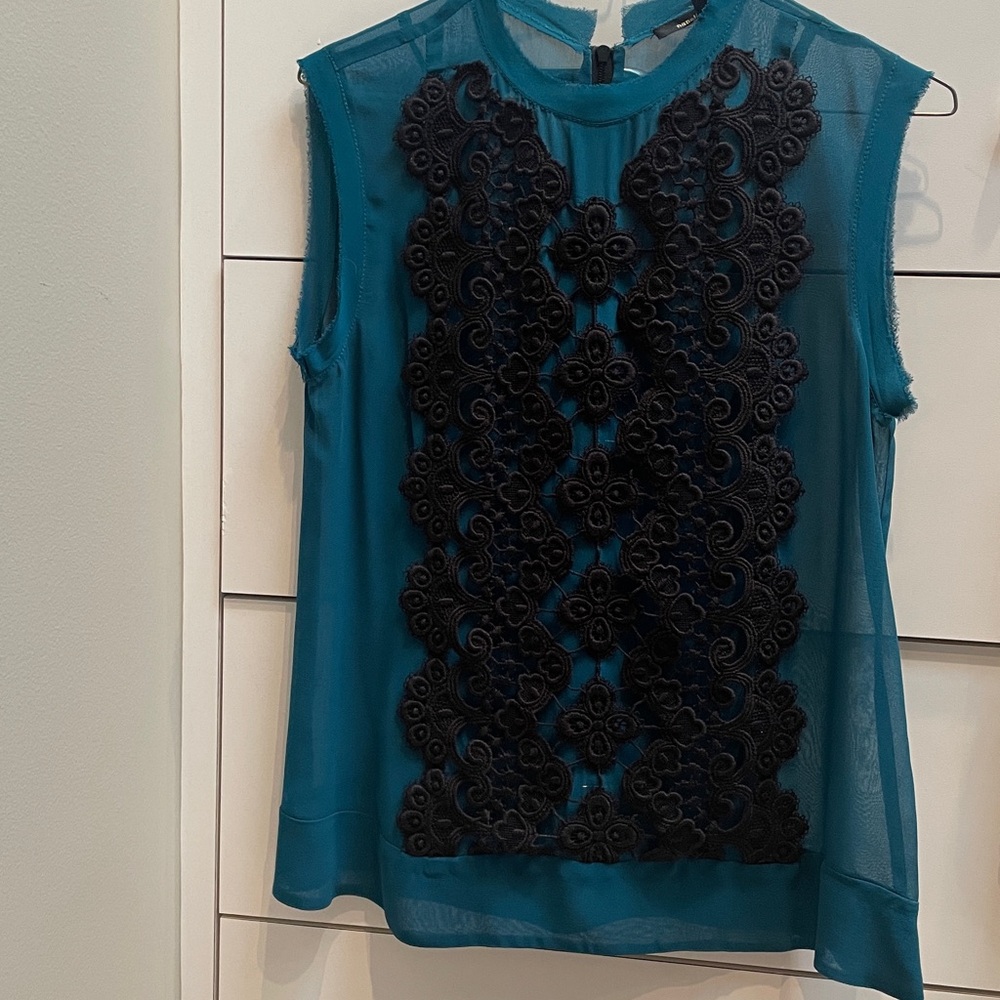Nanette Lepore Teal and Black Lace Blouse